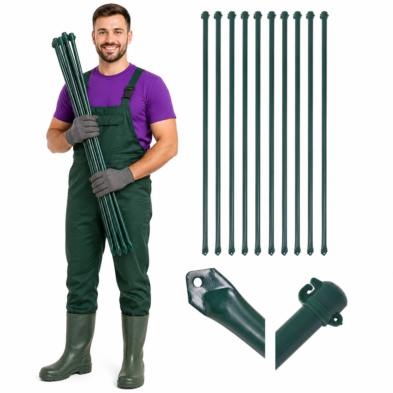 Słupki ogrodzeniowe, 10 szt., 1,5 m, metalowe, zielone