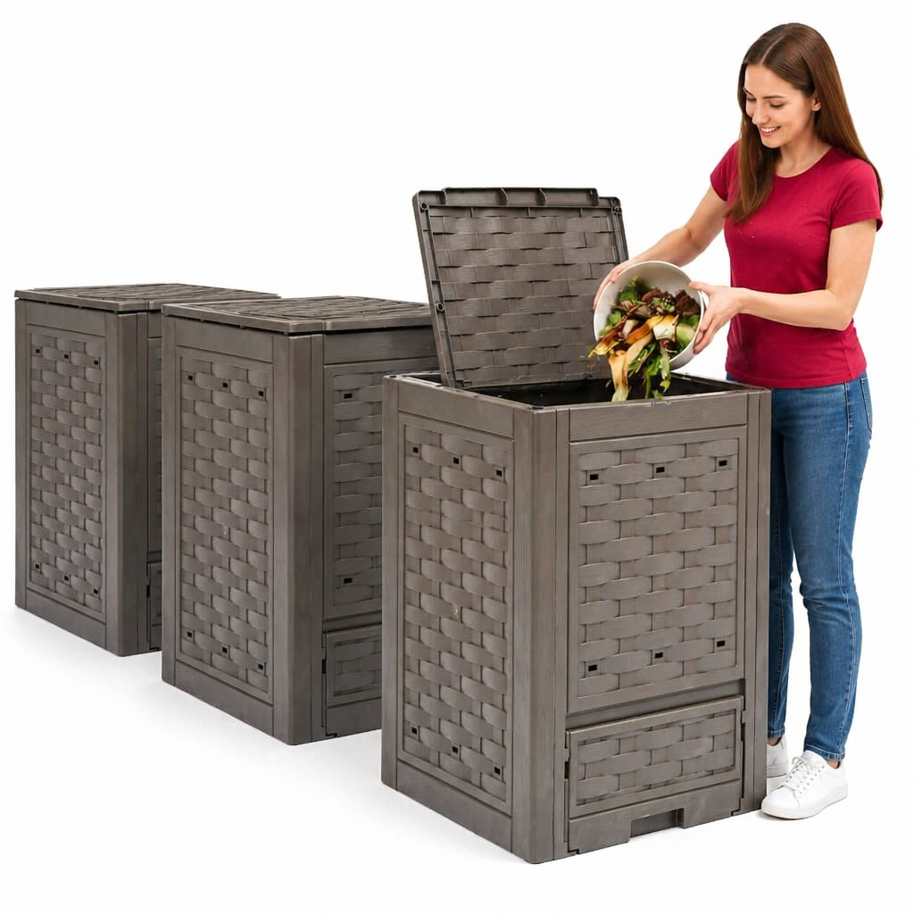 Kompostowniki, 3 szt., 60x60x83 cm, 900 L, rattan z tworzywa
