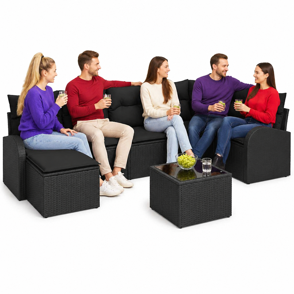 Meble ogrodowe z polirattanu 8-elementowy zestaw sof czarny z poduszkami