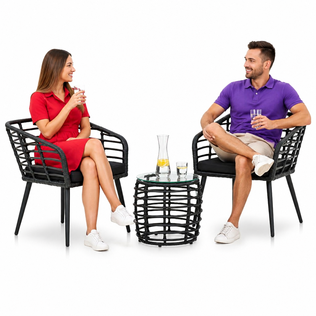 3-cz. zestaw mebli bistro, rattan PE, czarny